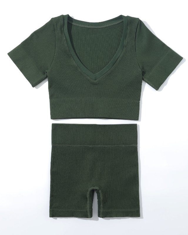 Seamless Ribbed Short-Sleeve Bike Shorts — yoga sets development style SD-0225